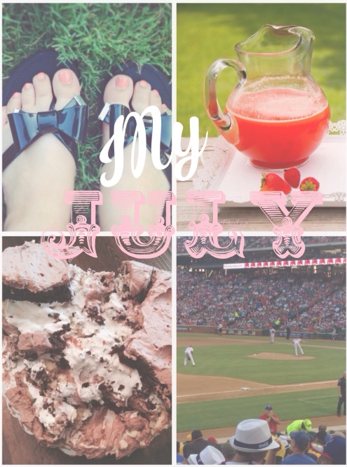 A few snapshots from my July, starting from above left: flip flops, a summer staple, top right: frozen pink punch, who wouldn't want that on a hot day? Bottom left: an epic failure I made for Independence day - there may be a post about it coming soon, and bottom right: taking in a ballgame  is always a highlight!